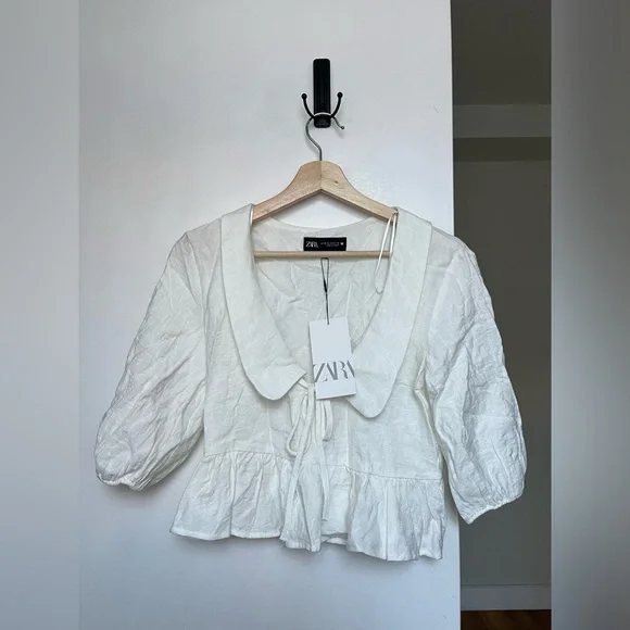 NWT ZARA Voluminous Peter Pan Collar Jacquard Shirt Blouse XS - Picture 4 of 7
